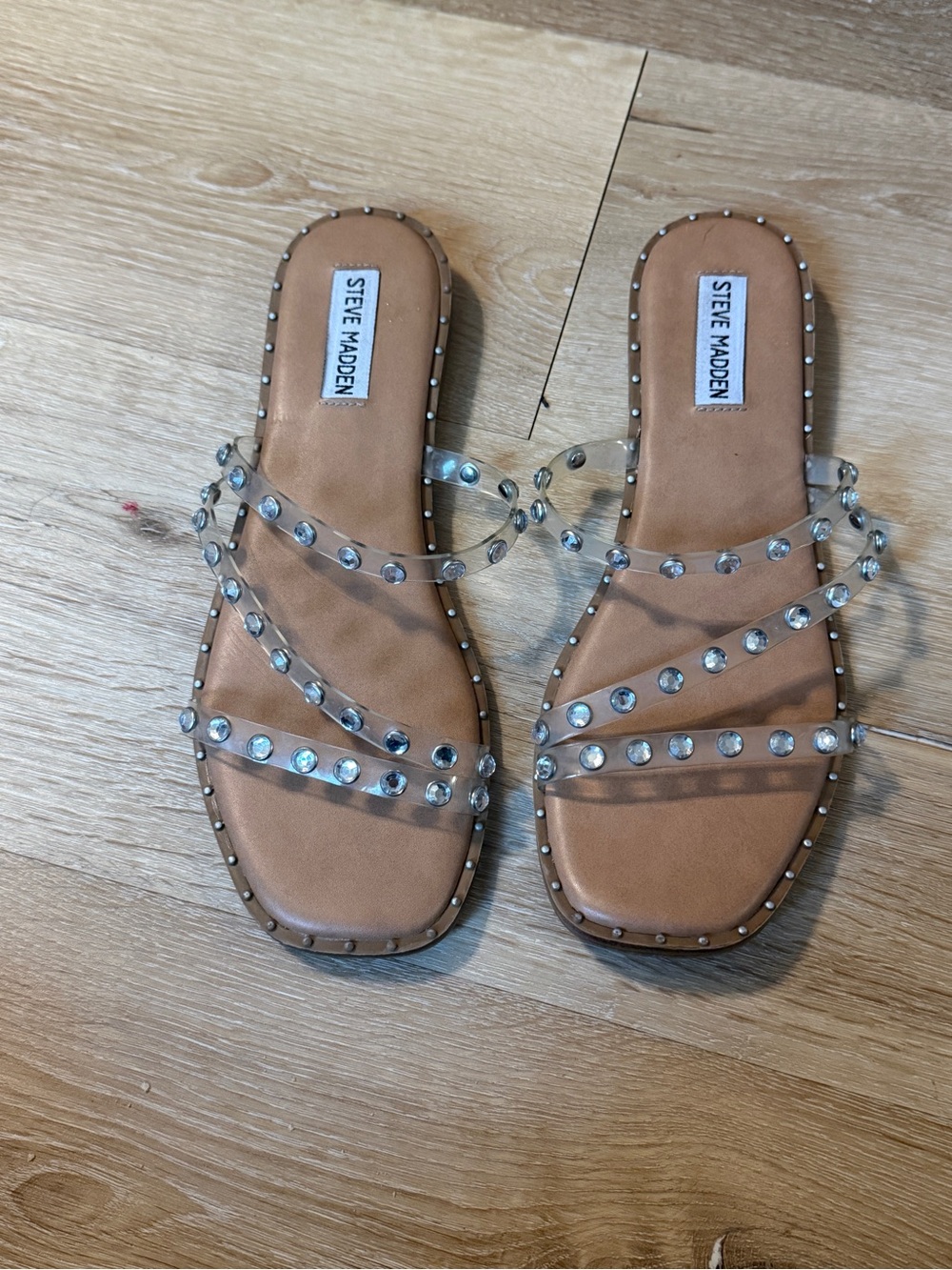 Steve Madden Tan Footbed Clear Studded Slide Sandals